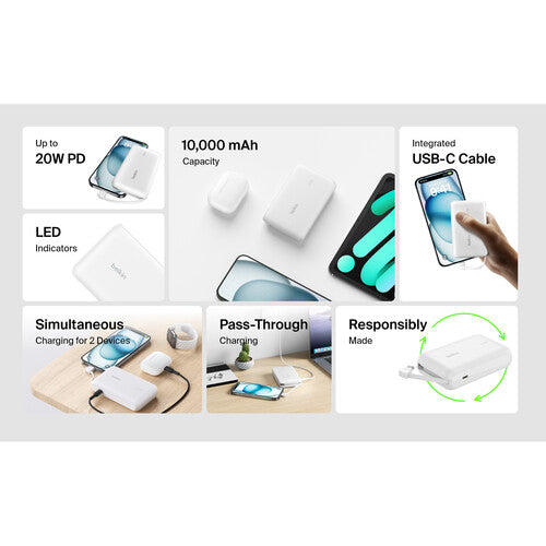 BELKIN POWER BANK 10K W/ CABLE WHITE PD 20W