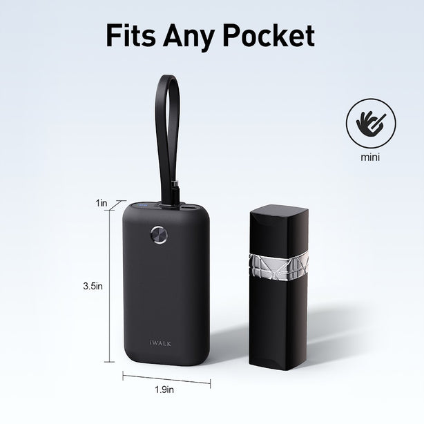 iWALK PowerMini 10000mAh Ultra-Compact Power Bank with Built-in Type-C Cable – 22.5W Fast Charging (UBP001)Black