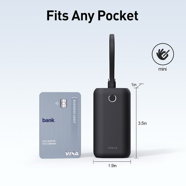 iWALK PowerMini 10000mAh Ultra-Compact Power Bank with Built-in Type-C Cable – 22.5W Fast Charging (UBP001)Black