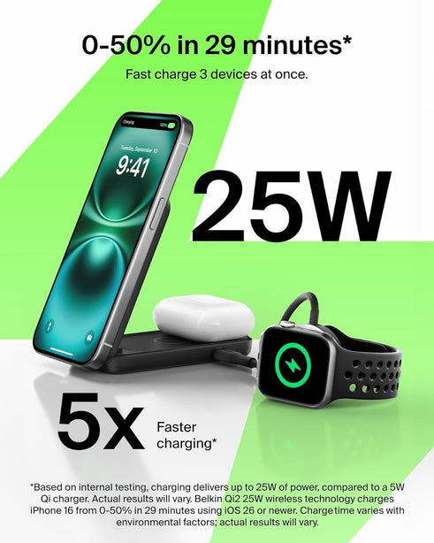 Belkin Qi2.2 25W 2-in-1 Wireless Charger Stand SQ Black for Phone Earbuds