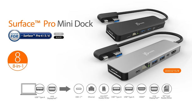 J5Create Mini Dock 8 In 1 For Surface Pro 4/5/6 Black