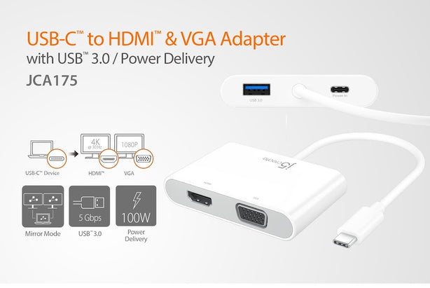 J5Create USB-C To VGA+HDMI+USB3.0+Power Delivery Adapter