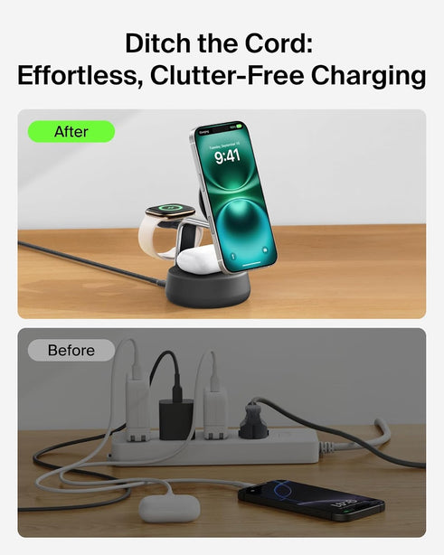 Belkin Qi2.2 25W 3-in-1 Wireless Charging Stand Charcoal Black for Phone Watch Earbuds
