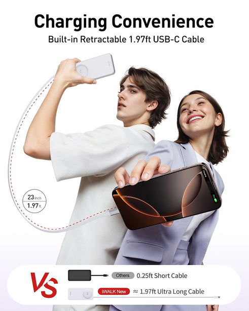 iWALK Linkpod Reel PD 30W with Retractable Type-C Cable (10,000mAh) White