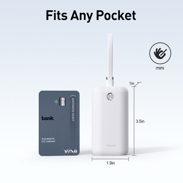 iWALK PowerMini 10000mAh Ultra-Compact Power Bank with Built-in Type-C Cable – 22.5W Fast Charging (UBP001)White