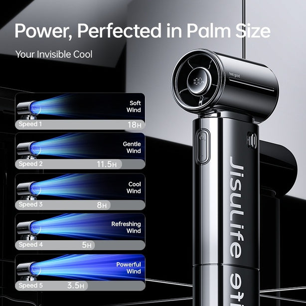 JISULIFE 9S Pro Handheld Turbo Fan | Chrome Mirror LED Display | Ultra Strong Wind | Pocket Size Portable Cooling Fan