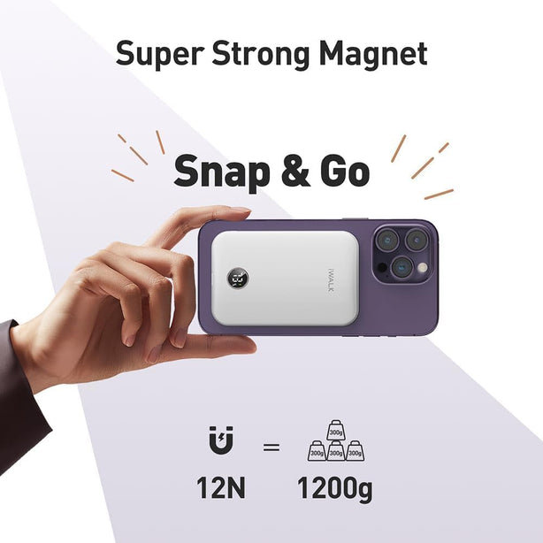 iWALK PowerGrip 5000mAh Slim Magnetic Wireless Power Bank for iPhone – Compact Charger (MXB008)White