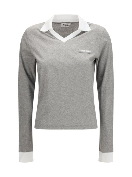Miu Miu Long-sleeved cotton T-shirt - Grigio+Bianco