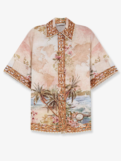 Zimmermann Mahon Linen Shirt with Blue Island Map Print - Multicolor