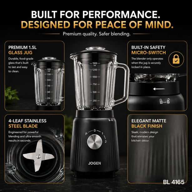 JOGEN BL 4165 Glass Blender 600W 1.5L with Grinder and Portable Bottle