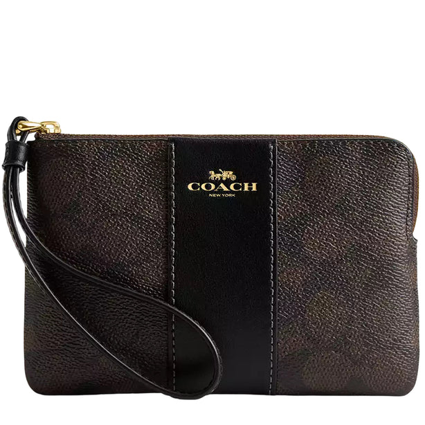Coach Corner Zip Wristlet In Signature Canvas With Stripe - Walnut/ Black CW854