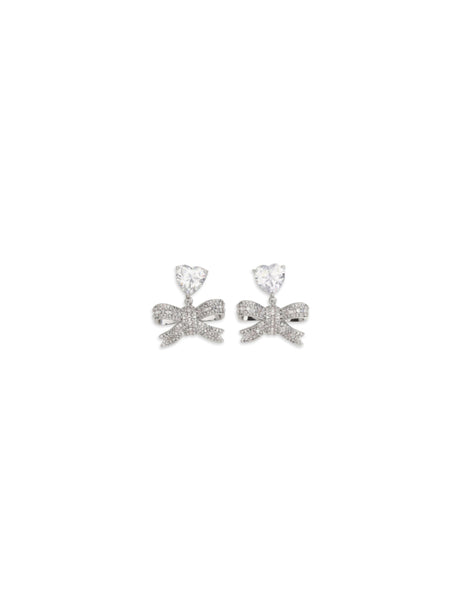 Self-Portrait Heart-shaped crystal bow drop Earrings - Silver