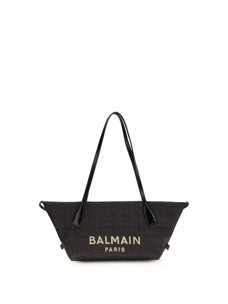 Balmain Calfskin and Raffia Track Shoulder Bag - Noir
