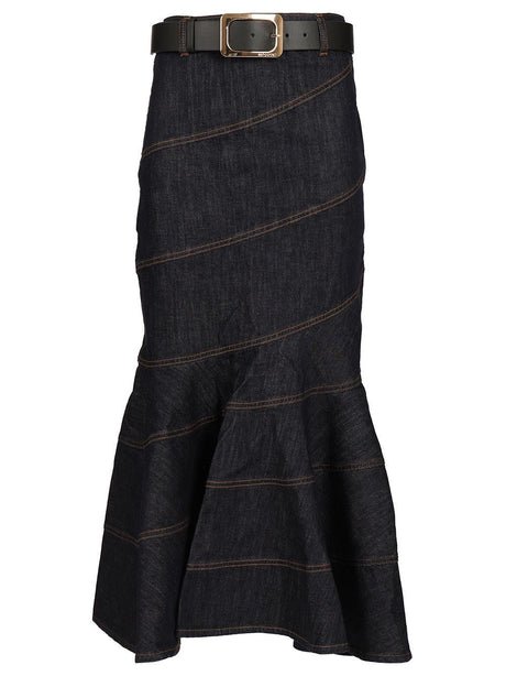 Self-Portrait Midi Skirt With Belt - Blue