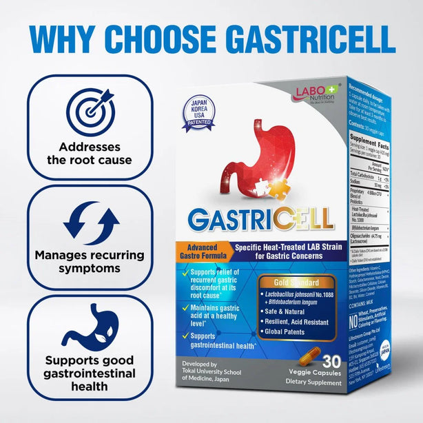 LABO Nutrition GastriCELL 30 Capsules, Eliminate Gastric Symptoms, H. Pylori