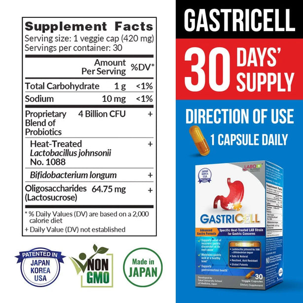 LABO Nutrition GastriCELL 30 Capsules, Eliminate Gastric Symptoms, H. Pylori