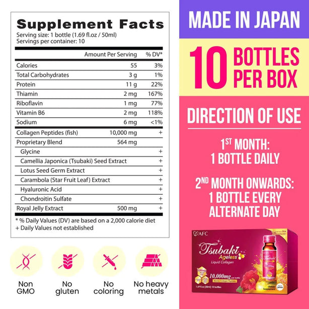 AFC Tsubaki Ageless Collagen Drink Royal Jelly Anti Aging Radiant Hydrated Skin