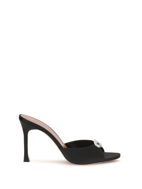 Amina Muaddi Camelia Mule Sandals - Black Satin+White Crystal
