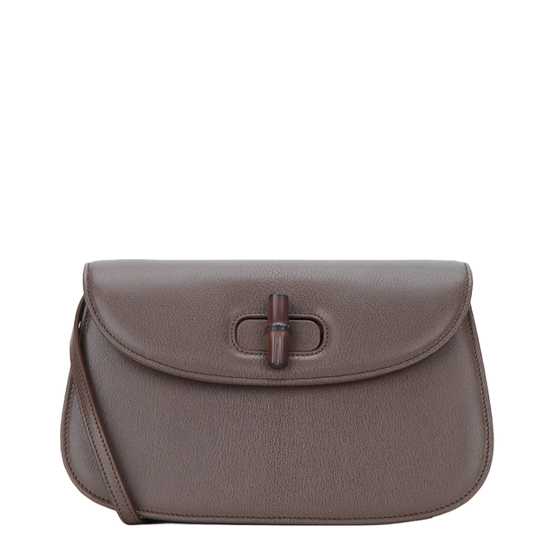 Bamboo Small Grainy Leather Shoulder Bag - Dark Taupe