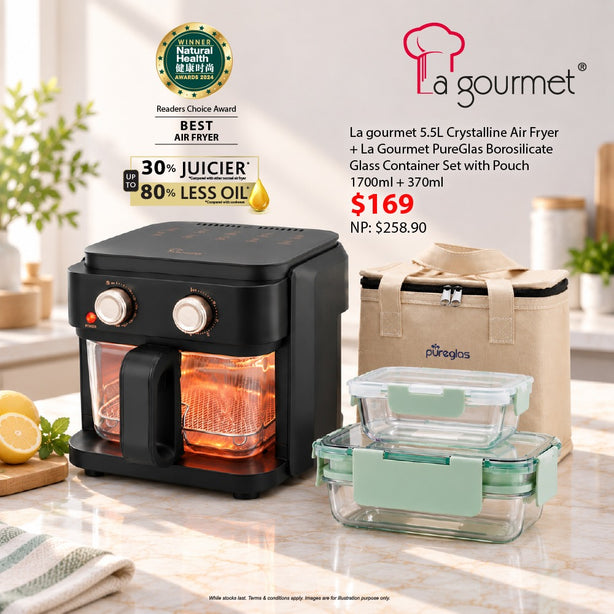 La Gourmet 5.5L Glass Air Fryer (Matt Black) +  La Gourmet PureGlas Borosilicate Glass Container Set with Pouch 1700ml + 370ml
