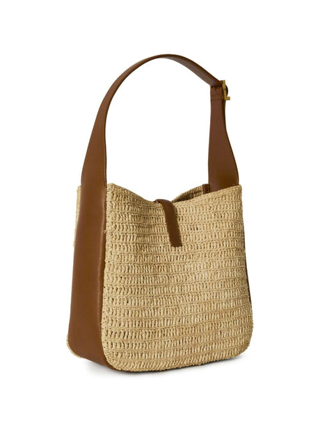 Saint Laurent Le 5 À 7 Small Raffia Calfskin Hobo Bag - Pale Brown and Brick