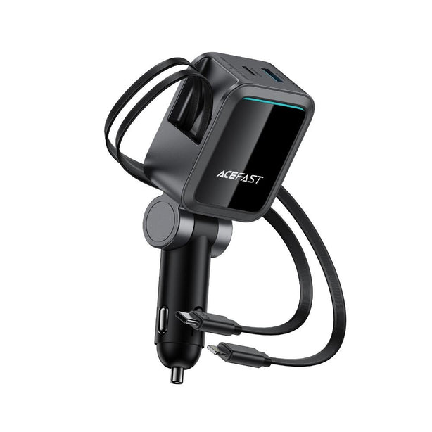 Acefast B27 60W Car Charger With Two Retractable Cables (2USB-C+1USB-L+1USB-A) - Metal Gray