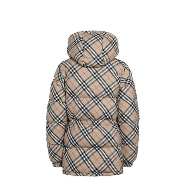 Hooded Check Nylon Puffer Jacket In Sand