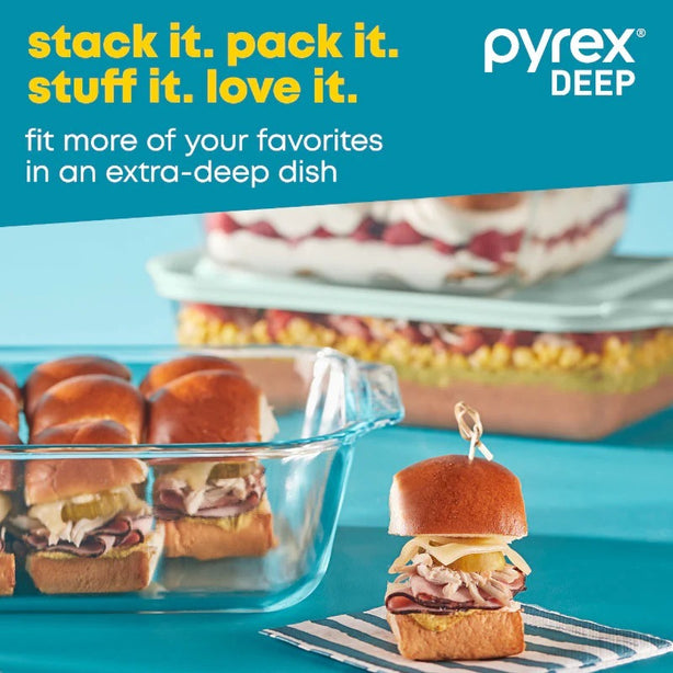 PYREX 20cm Deep Square Dish with Sage Lid (2.5L)