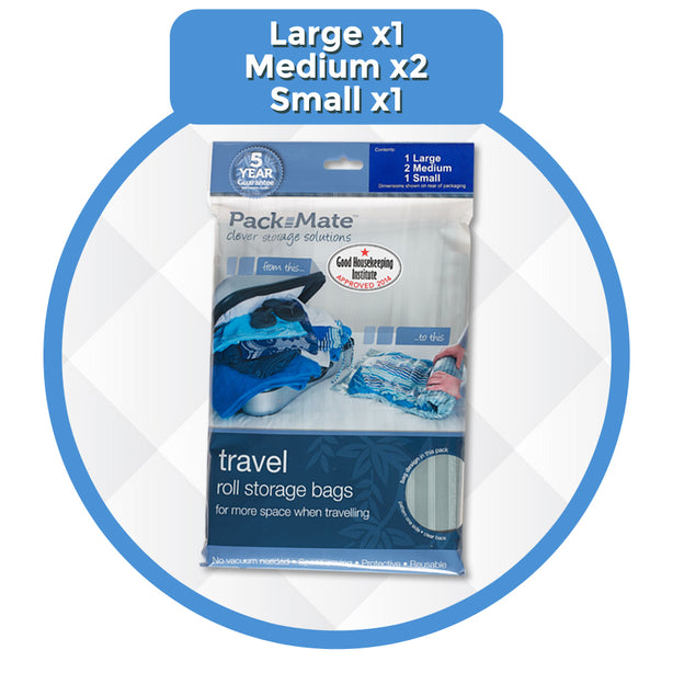 Pack Mate Travel/Roll Vacuum Storage Bags (4 in 1 Combo Set)