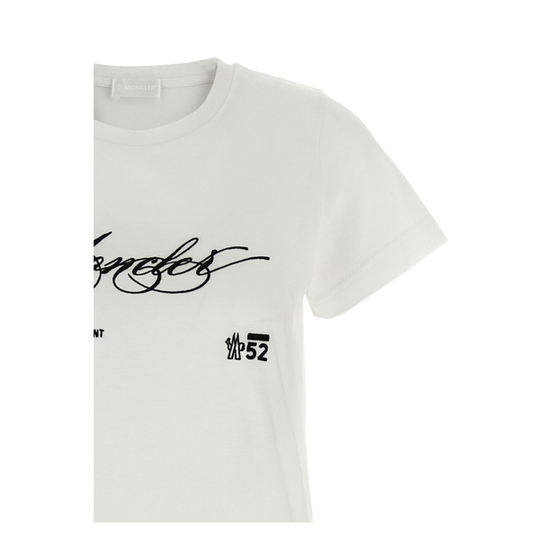 White Embroidered Cursive Logo Cotton T-Shirt