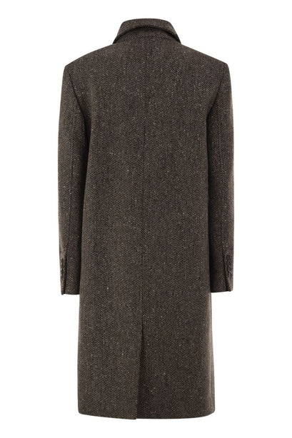 Double-breasted herringbone tweed coat with sequins