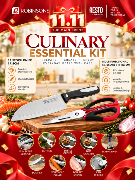 Resto Kitchenware 95321 Atlas Santoku knife
Resto Kitchenware 95325 Atlas Multifunctional scissors 9 in 1