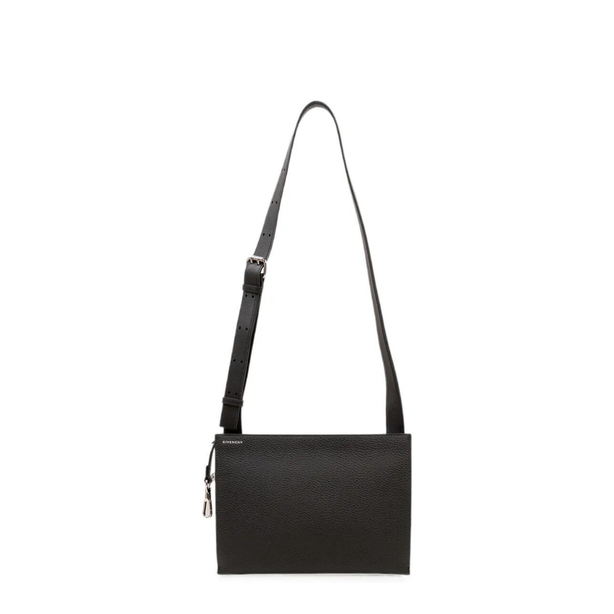 Fold Grain Leather Flat Pouch Shoulder Bags - Black