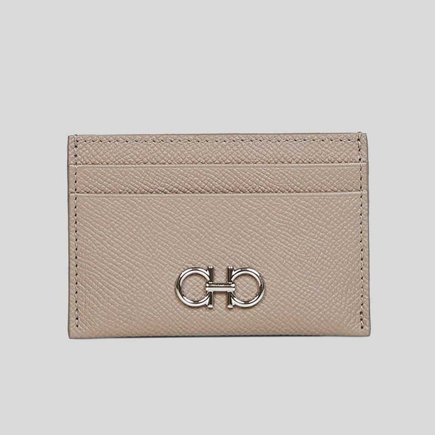 FERRAGAMO Gancini Leather Credit Card Holder Warm Taupe RS-220007