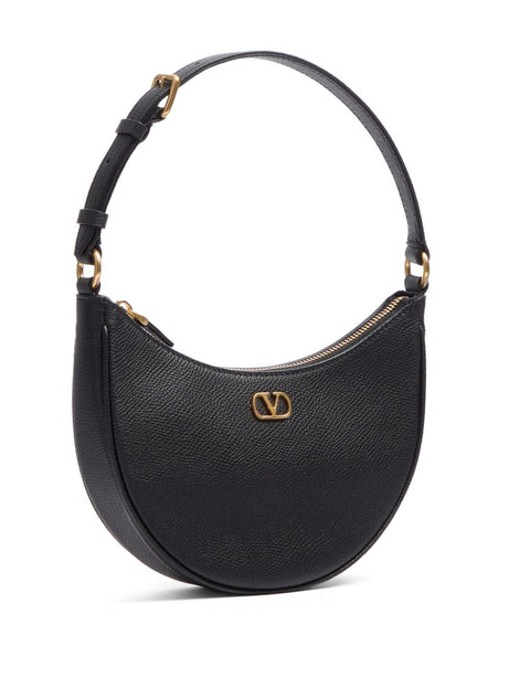 VLogo Signature Mini Grainy Calfskin Hobo Bag - Black