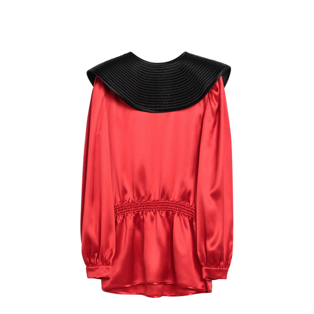 Red Silk Blouse with Black Collar