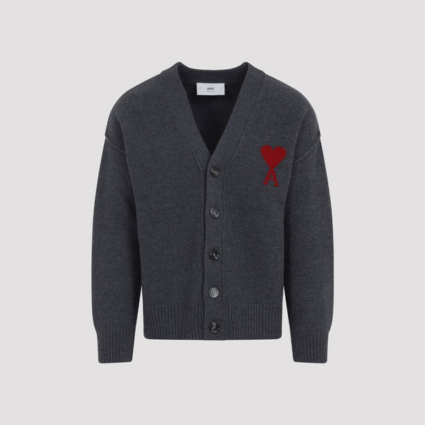 Heather Grey/Red Grey Wool Cardigan