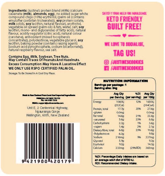JUSTINES Protein Cookie - Raspberry White Chocolate