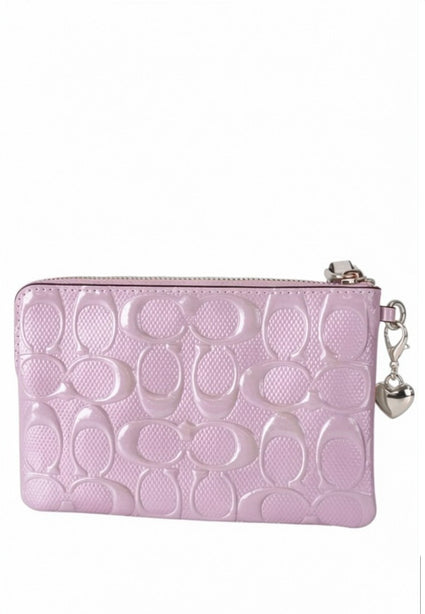 Coach Corner Zip Wristlet In Signature Leather With Heart Charm - Violet