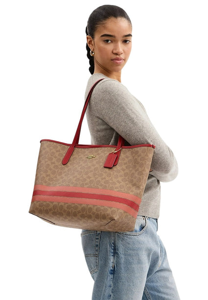 Coach City Tote Bag In Signature Canvas With Stripe - Tan Multi