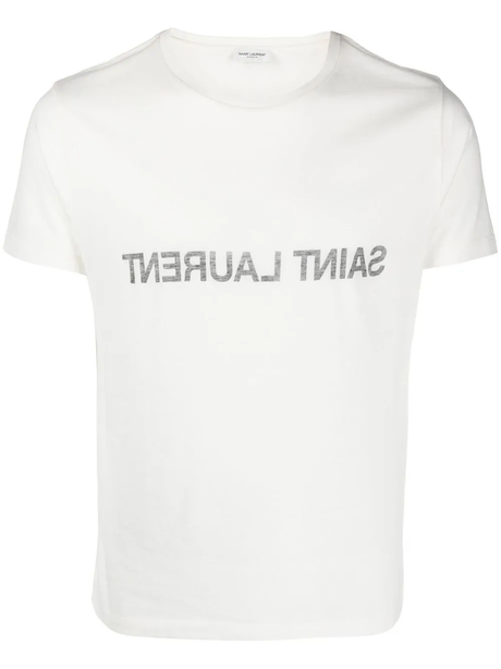 Saint Laurent White T-Shirt with Black Logo Pattern