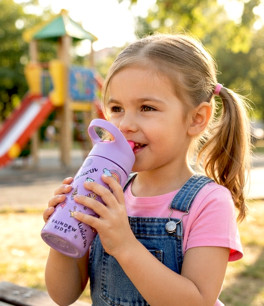 Raindew Kids Unicorn Water Bottle. Flip-up Spout/Straw Mechanism and an Integrated Carrying Loop, Insulated.