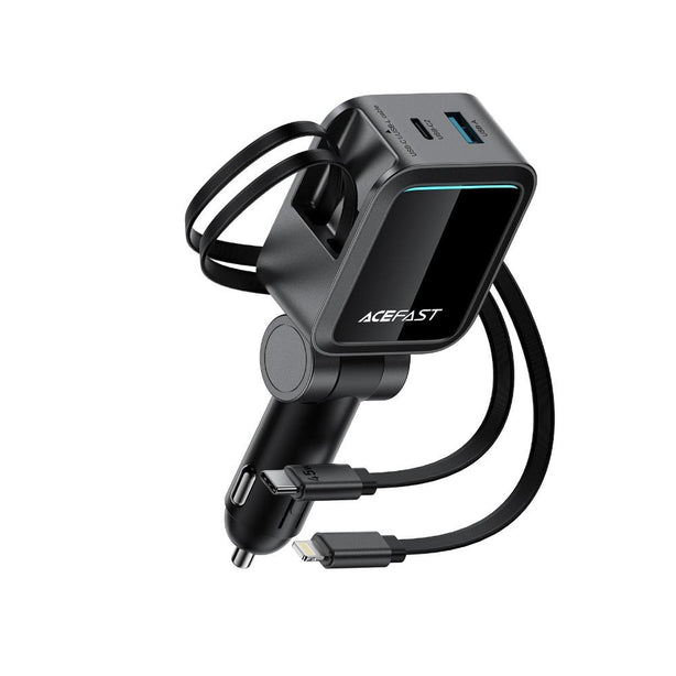 Acefast B27 60W Car Charger With Two Retractable Cables (2USB-C+1USB-L+1USB-A) - Metal Gray