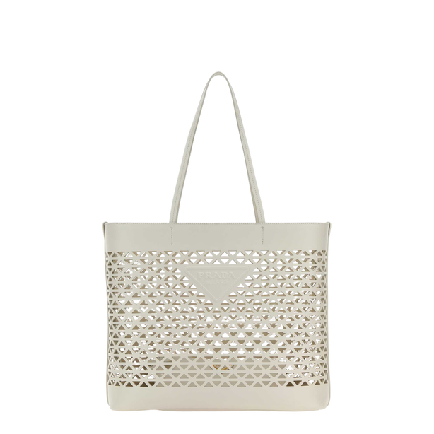 White Perforated Leather Shopping Tote Bag - White