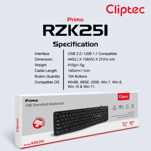 Cliptec RZK251 Primo USB Standard Keyboard (104 Keys) - Black