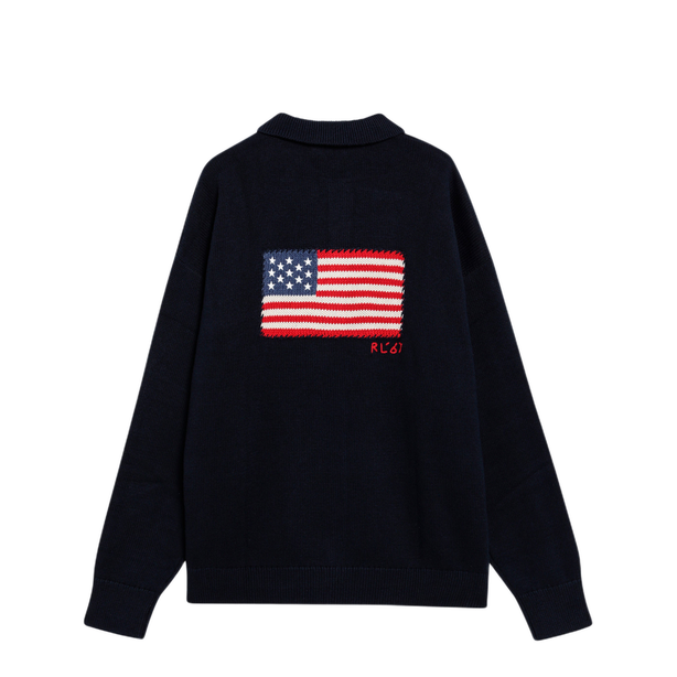 Navy Blue Polo Sweater With Flag Motif