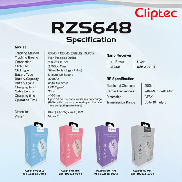 Cliptec RZS648 Dual Mode 1600DPI Rechargeable Silent Wireless Mouse