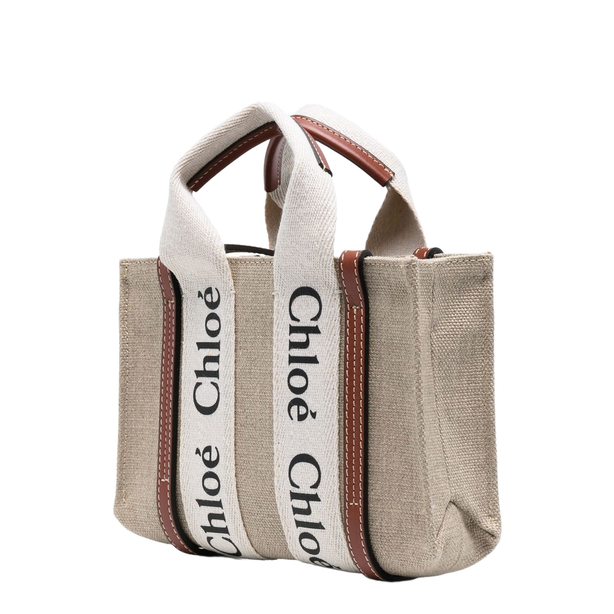 Woody Mini Linen Canvas & Calfskin Tote - White & Brown