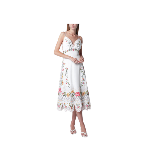Ivory Midi Dress With Floral Embroidery