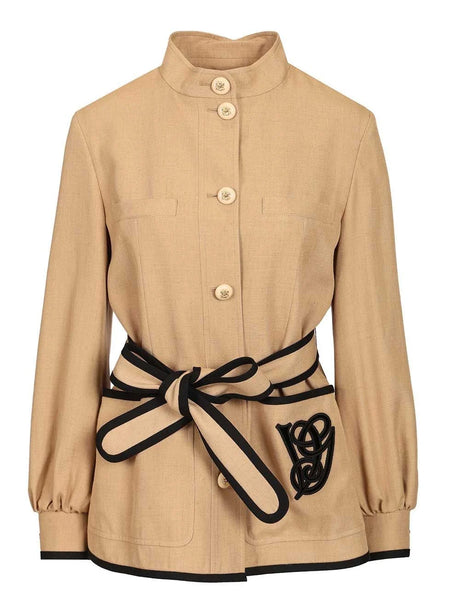 Valentino Garavani Embroidered Twill Jacket With Belt - Beige